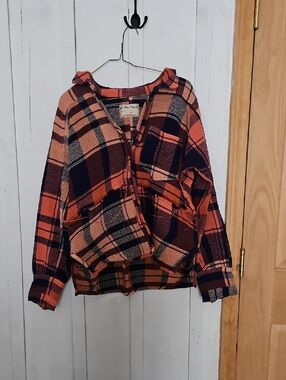 Plaid Button-Up Shacket in Orange and Navy